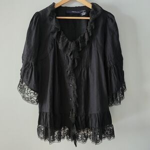 Denim 24/7 Black Cotton Lace Detail Button-down Tunic Top Size 16W